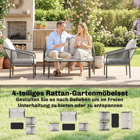 Ensemble lounge 4 pièces en rotin synthétique : canapé 2 places, 2 fauteuils, table basse démontable, coussins et fixations inclus. (1/4)