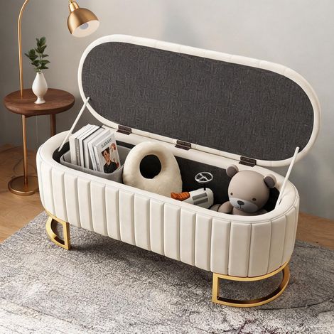 Pouf de rangement multifonction beige avec assise rembourrée (1/5)