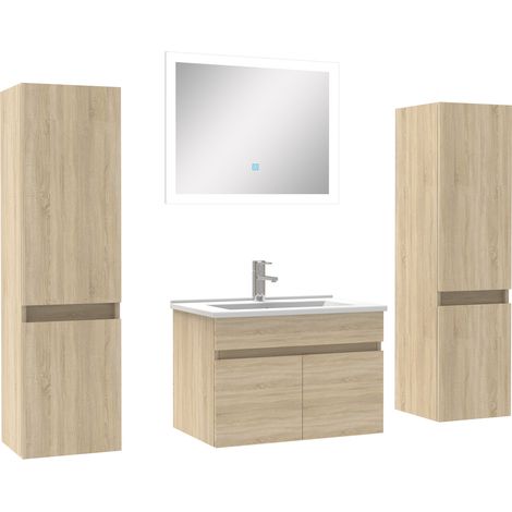 Ocean Ensemble meuble simple vasque L.60cm avec colonne + miroir Chêne Wotan (1/5)