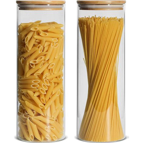 Bocal De Conservation En Verre - 1800 Ml - Pour Pâtes Céréales Et Aliments Secs - Avec Couvercle En Bois De Hêtre Et Joint En Silicone - Lot De 2 (1/5)