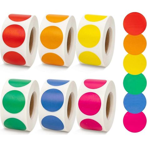3000 étiquettes autocollantes rondes de 25 mm avec code couleur, comprenant 6 rouleaux de 500 étiquettes par paquet. (1/5)