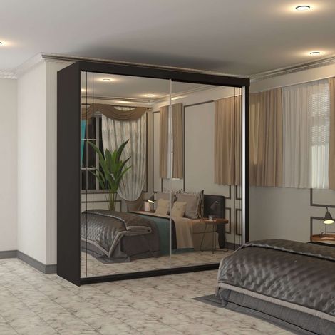 Modern 2 Door Sliding Wardrobe with Full Mirror and Shelves - Black 200cm (1/2)