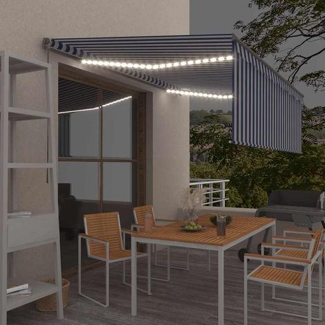 Auvent manuel rétractable avec store et LED 4,5x3 m Bleu blanc