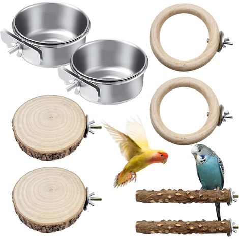 Lot de 8 perchoirs naturels pour oiseaux, gamelles en acier inoxydable à suspendre, planche de siège, cage à oiseaux, accessoires pour calopsittes, canaris, agapornides (1/5)