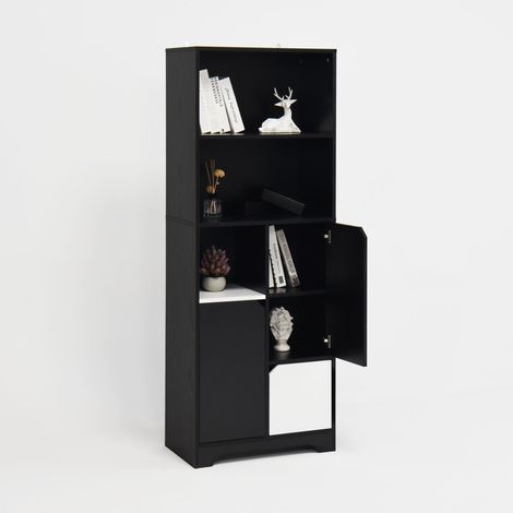 Libreria 60x35x160cm, ripiani aperti e vano chiuso, grande capacità, MDF, Nero, per soggiorno (1/5)