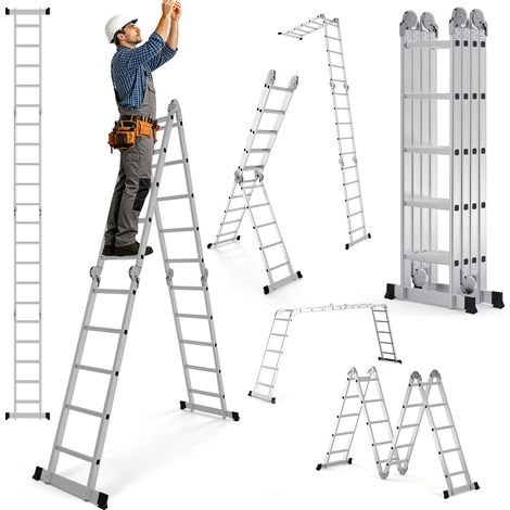TolleTour Escalera articulada multiusos 7 en 1 de aluminio, 4x5 peldaños, aprox. 582 cm / 5,8 m, plegable, antideslizante, carga máxima 150 kg (1/5)