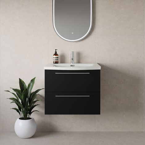 Napoli 390 Matt Black 600mm Wall Mounted 2 Drawer Vanity Unit with Arc Basin - 600mm - Chrome 320mm Handle