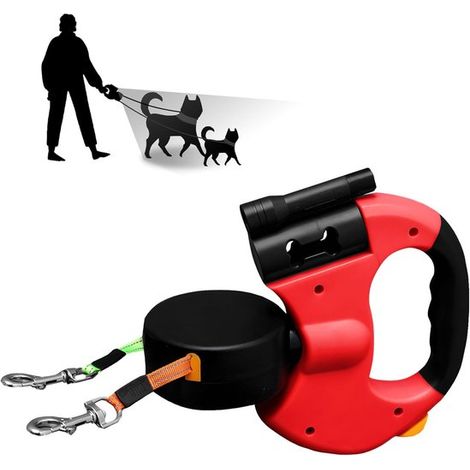 Guinzaglio doppio retrattile per cani - 20x19x4cm - Guinzaglio retrattile per cani da 3 m - Design girevole a 360° versatile, anti-groviglio - Cordino di sicurezza riflettente - Con piccola torcia - P (1/5)