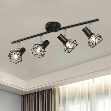 Plafonnier LED orientable à 4 spots réglables, style industriel rétro, cage en métal noir. Luminaire suspendu LED pour cuisine, couloir, salon, chambre. (1/5)