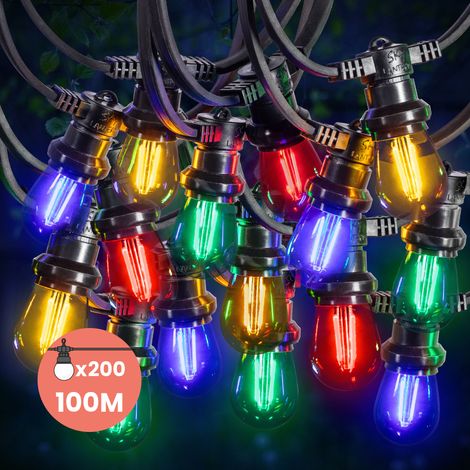 Guirlande Guinguette 100M 200 Bulbes Filament Rouge Bleu Jaune Vert - Guirlande Lumineuse Ampoule E27 Multicolore (1/5)
