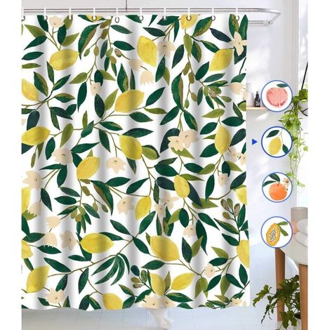 Rideau de douche citron, rideau de douche complet avec motif de feuilles vertes et de fruits, tissu imperméable pour salle de bain, rideau de douche avec 12 crochets, jaune vert 182,9 x 182,9 cm (1/3)