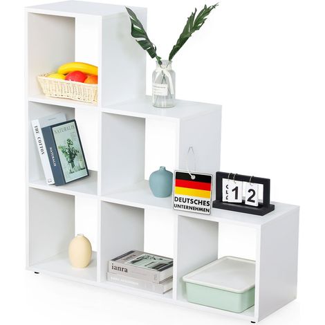 Bücherregal Carolina Weißes Stufenregal aus MDF mit 6 Fächern für Bücher, Pflanzen & Deko