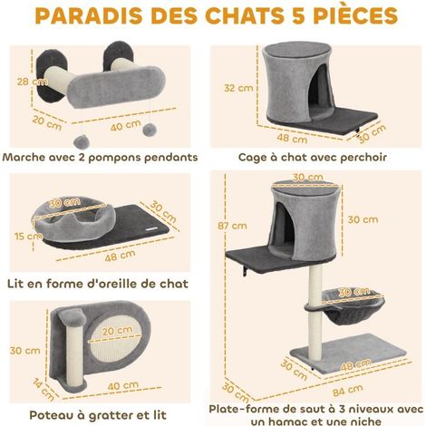 Étagère murale chat kit 5 pièces, arbre mural, 2 niches hamac, griffoir sisal gris (1/5)