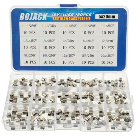 BARKBUSTERS 15 Valeurs Assortiment de fusibles en verre avec raccord rapide 150pcs 5x20mm 250V 0,1 0,2 0,25 0,5 1 1,5 2 3 4 5 8 10 12 15 20A Conditionnement en boite plastique transparente (1/4)