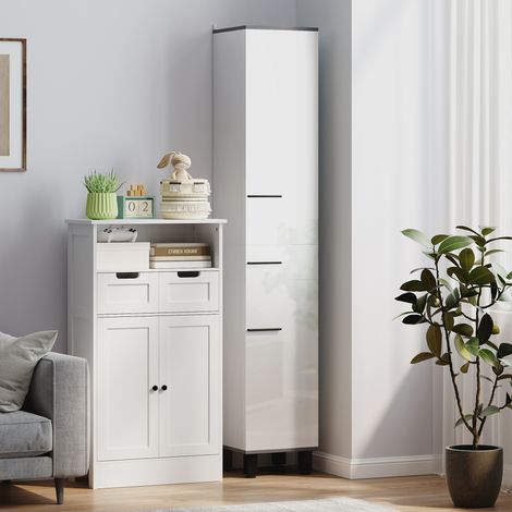 Armoire de salle de bain blanche sur roulettes, 34x32x190 cm, avec 2 placards à étagères ajustables et un tiroir (1/5)