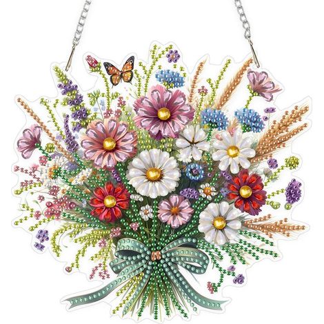 Peinture diamant 5D Bouquet de fleurs tableau de fenêtre avec chaîne, pendentif DIY Déco