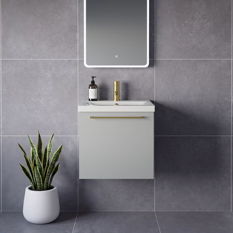 Napoli 390 Gloss Grey Pearl 500mm Wall Mounted Single Drawer Vanity Unit with Glide Basin - 500mm - Brushed Brass 320mm Handle