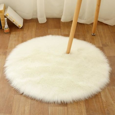 Tapis rond en peau de mouton artificielle, blanc, 60 cm, laine artificielle, douce, antidérapante, pour chambre et salon, velours