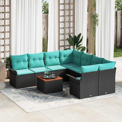 vidaXL Ensemble de canapé de jardin 9 pcs Noir et turquoise polyrotin (1/5)