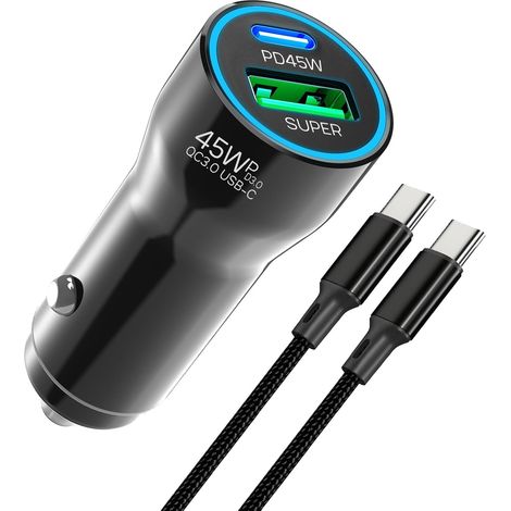 Chargeur Allume Cigare USB C, 75W Prise Allume Cigare avec 60W USB C Câble 2 Ports Chargeur Voiture Charge Rapide pour 17 16 15 14 13, pour Galaxy S26 Ultra S26 S24 S23 A17 A16 A15 5G (1/5)