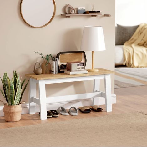 Banc 2 places en bois d’hévéa, aspect chêne, structure blanche, 95 x 30 x 45 cm (1/5)