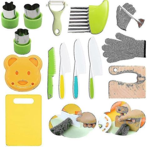 Ensemble de 13 couteaux en bois pour enfants, adaptés à la cuisine et à la découpe des légumes et des fruits. (1/5)
