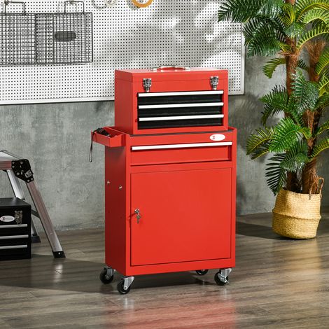 Chariot à outils 2 en 1 avec boîte à outils amovible et armoire en acier verrouillable. Rouge. (1/5)