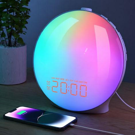 Réveil Simulateur d'Aube Veilleuse Éveil Lumière Grand Affichage Sans WiFi 17,2 × 17,2 × 7,6 cm 350 g – Livraison gratuite (1/5)