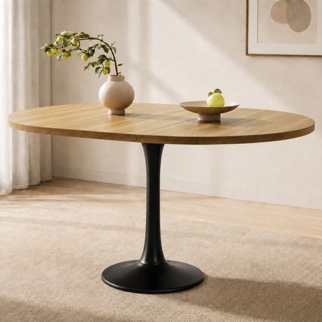 Table ovale extensible 100/140x100x75cm, design moderne, gain de place, effet chêne, plateau chaleureux et mécanisme d'extension facile (1/5)