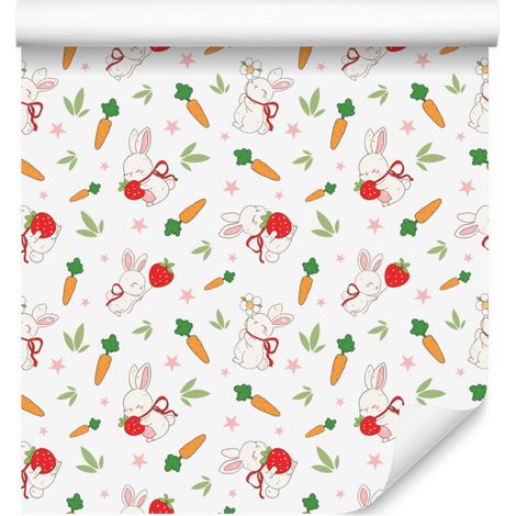 Papel pintado de conejos en blanco y coral para salón y dormitorio, 50x1000 cm. (1/5)