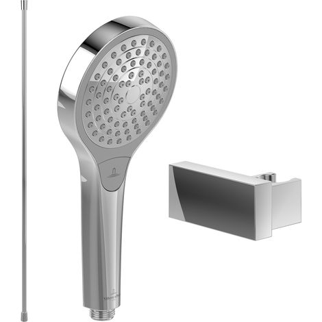 Villeroy & Boch Verve Showers Handbrause-Set (3 in 1 Bundle), bestehend aus Duschkopf inkl. Handbrausehalter (eckig) und Handbrauseschlauch 1,60m, Chrom