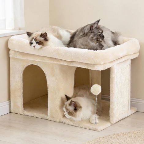 Arbre à Chat, Tour de 35 cm avec Grande Plateforme de Repos et Cabane pour Chats Adultes d'Intérieur, Poteaux à Griffes et Balle à Ressort Interactive Inclus, Beige HCT203SM (1/5)