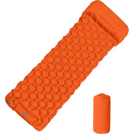 (Orange) Matelas de camping gonflable avec oreiller, ultraléger, pompe à air intégrée, idéal pour la randonnée (1/5)