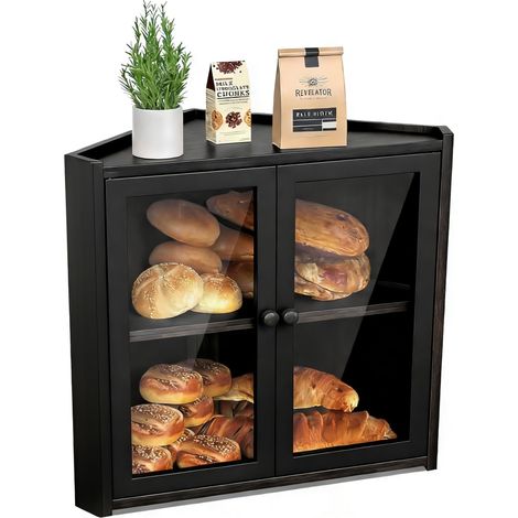 Boîte à pain d'angle pour comptoir de cuisine, récipient de rangement à pain en bambou double couche avec double porte, boîte à pain d'angle compacte pour pain fait maison, noir (1/5)
