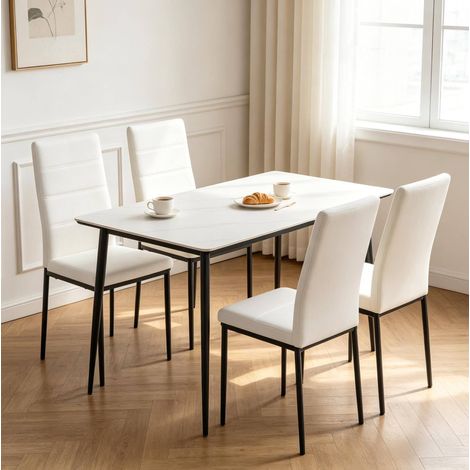 Sedia da pranzo in similpelle bianca con gambe in metallo, schienale alto ergonomico, set da 4 (1/5)