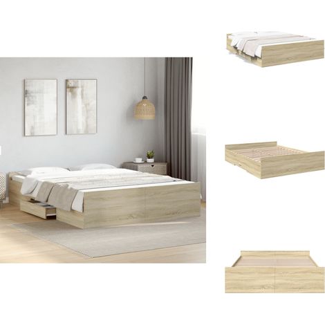 Cadre de lit avec tiroirs sans matelas chêne sonoma 160x200 cm - Cadre De Lit - Lit Double - Lit Avec Tiroirs - Meuble De Chambre - Rangement Sous Lit (1/5)
