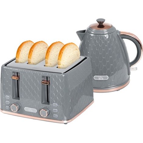 Stylish 1.7L Fast Boil Kettle and 4-Slice Toaster Set with Honeycomb Design,Auto Pop-Up,Defrost,and Easy Cleaning Features (1/5)