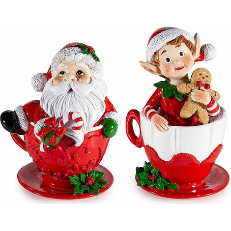 Decorazioni natalizie in resina con Elfo e Babbo Natale in tazza, set da 2 pezzi, cm 9 x 8,5 x 14,5 H