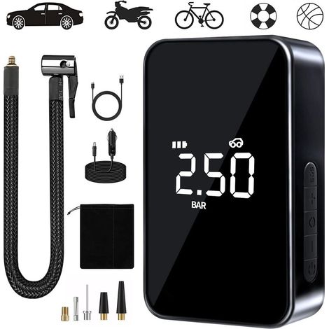 Compresor de aire portátil, mini inflador eléctrico de 6000 mAh, bomba eléctrica para bicicleta de 150 PSI, compresor con pantalla digital, luz LED y puerto USB para neumáticos de motocicleta, coche, (1/5)