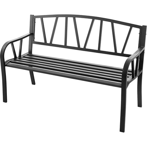 Goplus – Banc de jardin en métal noir – 2-3 places – Dossier haut et accoudoirs arrondis – Charge 300 kg – Dimensions 128x57x86 cm