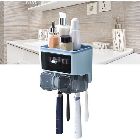 Étagère murale sans perçage pour brosses à dents, porte-gobelets pour bain de bouche, étagère de rangement pour toilettes, bleue, 2 gobelets (1/5)