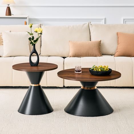 Lot de 2 Tables Basses Gigognes - Ø70cm & Ø50cm - Design Conique Moderne Effet Bois de Noyer et Métal Noir - Noyer et Noir (1/5)