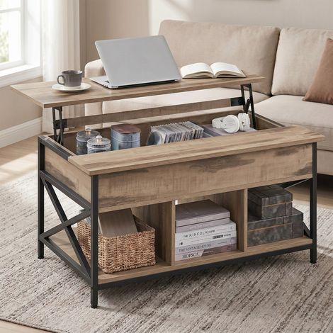 Table de Salon Moderne, Plateau Relevable, Meuble Bas avec Compartiment Caché et Rangement Ouvert, pour Séjour, Acier, Panneau d'aggloméré et MDF, Café au lait (1/5)