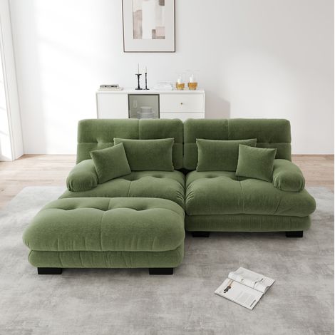 Modulares Ecksofa aus grüner Chenille mit 2 Kissen und Ottomane HAVRYA (1/5)