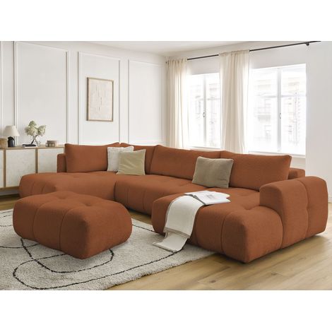 BOBOCHIC - Canapé panoramique convertible FUJI tissu bouclette avec pouf Angle droit Orange (1/5)