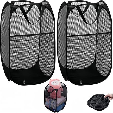 Lot de 2 paniers à linge pliables en filet avec poignées, panier de rangement pop-up noir (1/5)
