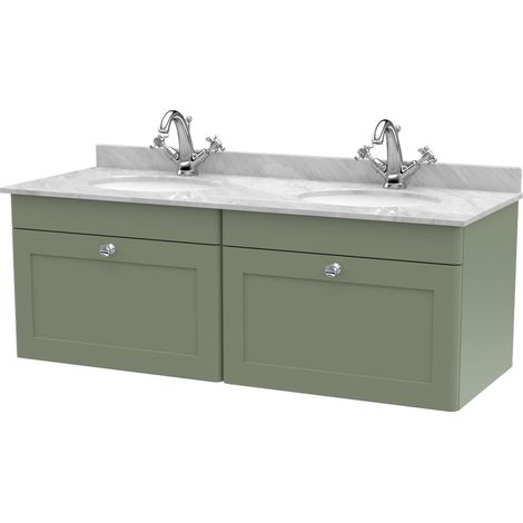 Swynnerton Traditional 2 Drawer Wall Hung Vanity Unit with Double Marble Basin, Satin Green, 1200mm