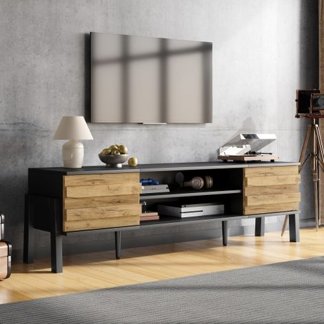 Meuble TV — Banc TV bas / Console TV (avec 2 placards de rangement et 1 étagère ouverte) / Table TV / Unité de rangement pour salon — Compatible avec les téléviseurs jusqu'à 70 pouces (1/4)