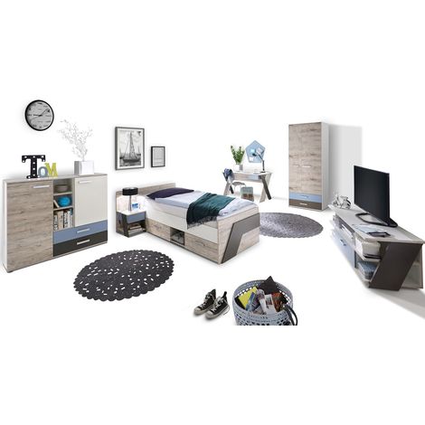 Jugendzimmer Set mit Bett 90x200 cm 6-teilig mit Kleiderschrank LEEDS-10 in Sandeiche Nb. mit weiß, Lava und Denim Blau (1/5)