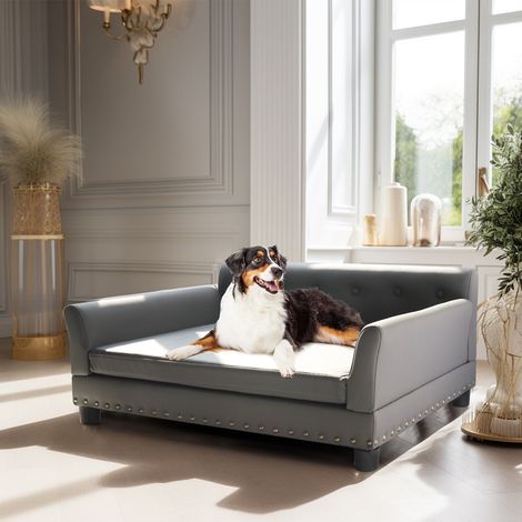 BingoPaw Elevated Dog Sofa Bed Microfiber Leather Couch Rivet Accent Lounge Chaise Bed, Large